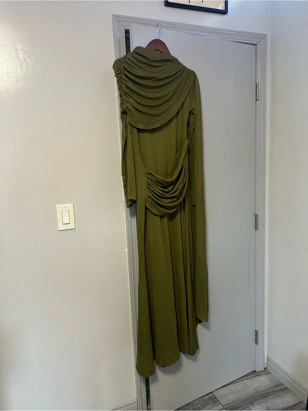 Olive Green Draped Maxi Dress with Ruched Details - Picture 2 of 5
